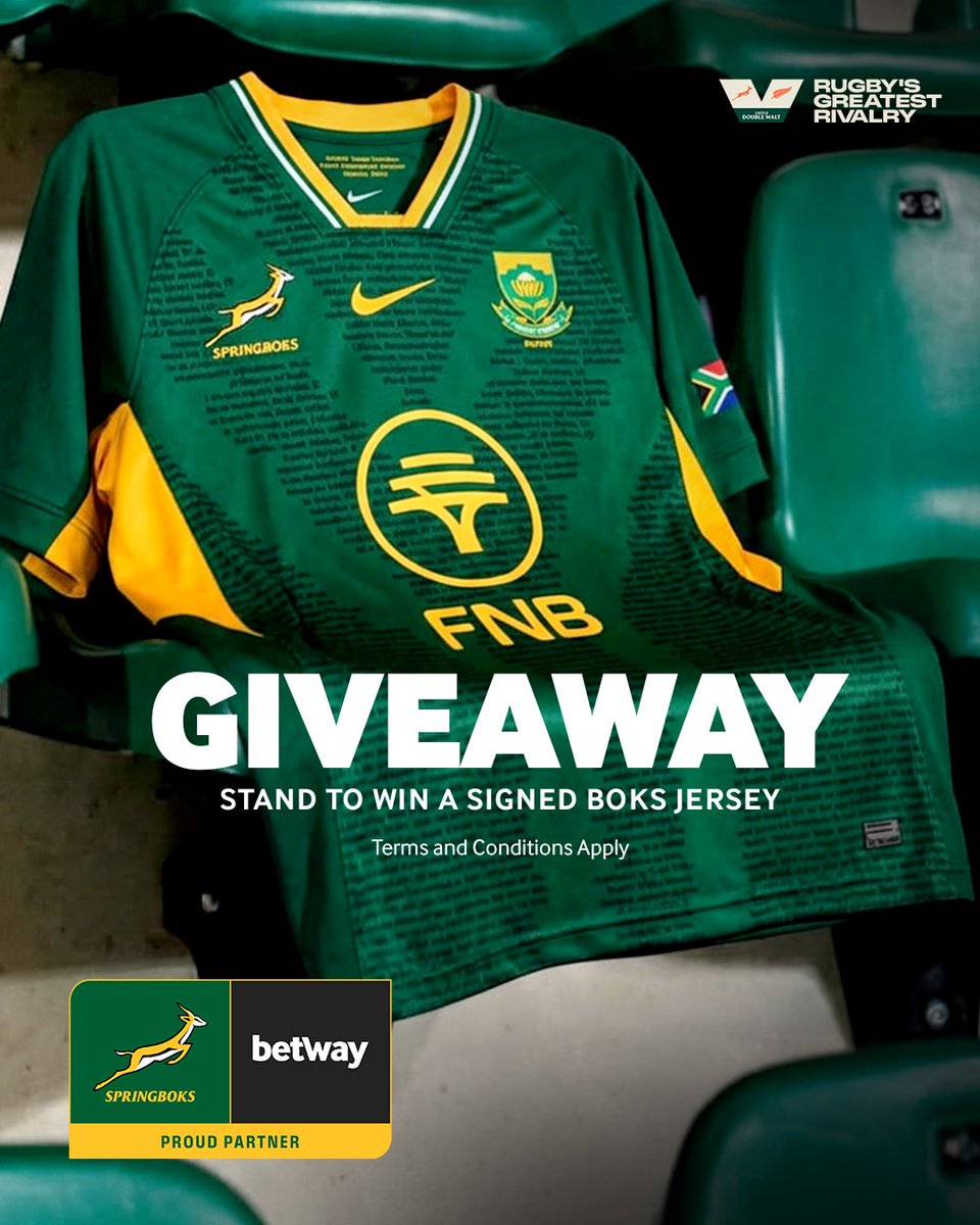 Betway_za's tweet photo. 🏉 GIVEAWAY TIME! 🏉

Stand a chance to win a Rugby's Greatest Rivalry Springbok jersey signed by ambassadors Victor Matfield and Jean de Villiers! 🇿🇦💚💛

To enter: ✅ Comment below with your prediction for the Springboks vs All Blacks Test this Saturday.

Want to back your prediction and stand a chance to win a share of R1 million? 💰

Click the link here  👉 https://t.co/H77fwUTIhG  and take part in Rugby's Greatest Bet.

📅 Competition closes: Saturday, 5 September 2026 at 2pm🎉 One lucky winner will be selected at random and announced on Monday, 7 September 2026

Important T&Cs:• Prize is one signed Rugby's Greatest Rivalry Springbok jersey. • Jersey is signed by Victor Matfield and Jean de Villiers. • Jersey size is Large. • Prize is not exchangeable. • Delivery will take place after the Rugby's Greatest Rivalry series, during the week of 14 September.

Drop your score prediction below! 👇🔥

#RugbysGreatestRivalry #Springboks #AllBlacks #Giveaway #VictorMatfield #JeanDeVilliers #RugbysGreatestBet #Betway #SpringbokRugby #Bokke #BehindEveryBok