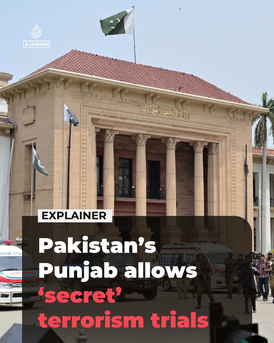 AJEnglish's tweet photo. Politicians in Punjab, Pakistan’s most populous province, have passed a law allowing terrorism trials to be held in near-total secrecy, with the judge, prosecutor and witnesses permitted to remain anonymous.

🔗 : https://t.co/I87z2sFoto https://t.co/7x8dz8N06y