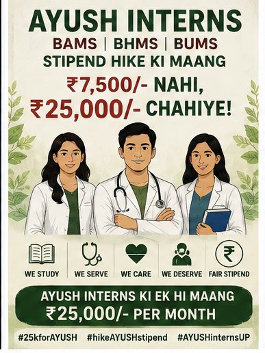 praveen97606236's tweet photo. AYUSH Interns भी मरीजों की सेवा और clinical duties पूरी जिम्मेदारी से निभाते हैं।हमारी मांग हैBAMS,BHMS,BUMS Interns का stipend 7.5k  से बढ़ाकर 25k किया जाए@ayushupdept @dayalugurubjp @SureshKKhanna @CMOfficeUP
@upayushdept @moayush #25kforAYUSH
#hikeAYUSHstipend
#AYUSHInternsUP https://t.co/sR2cT4SBLd