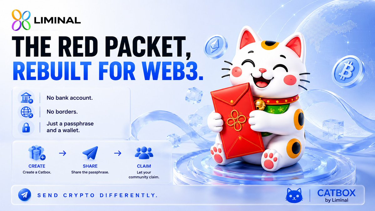 LiminalNet's tweet photo. 🧧 The red packet, rebuilt for Web3.

No bank account.
No borders.
Just a passphrase + a wallet.
🎁 Create
📨 Share
👥 Claim
One code. One surprise.
Send crypto differently with CATBOX.

#Liminal #CATBOX #Web3 https://t.co/sQtvGcuAS5