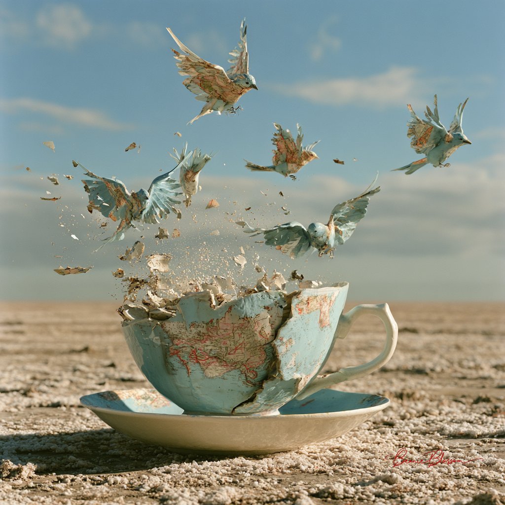 BeanieBlossom's tweet photo. Prompt: Across a desolate, salt-crusted plain, a flock of porcelain birds erupts from a single, shattered teacup, their wings painted with maps of imaginary continents, rendered in a palette of faded blues and ochre, soft focus, diffused morning light, granular texture, impasto

Feel free to join in :)

#AIArtWork #AIArt #AIArtists #AIArtCommunity #PromptShare