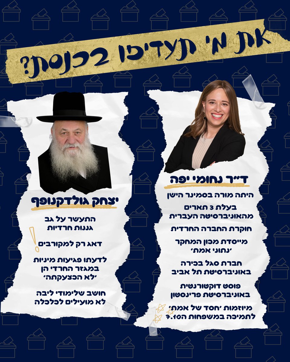 harediwomen's tweet photo. את מי תעדיפו בכנסת?

סקר ופירוט נוסף בשרשור👇🏻

תעדיפו את:
ד"ר נחומי יפה
🎓 שהיתה מורה בסמינר הישן, ואז עברה לאקדמיה, עשתה תואר ראשון בהיסטוריה וחינוך ותואר שני ביישוב סכסוכים באוניברסיטה העברית. ואז דוקטורט שעוסק בעוני וזהות בחברה החרדית.

>>> https://t.co/eWoJ0FkagU