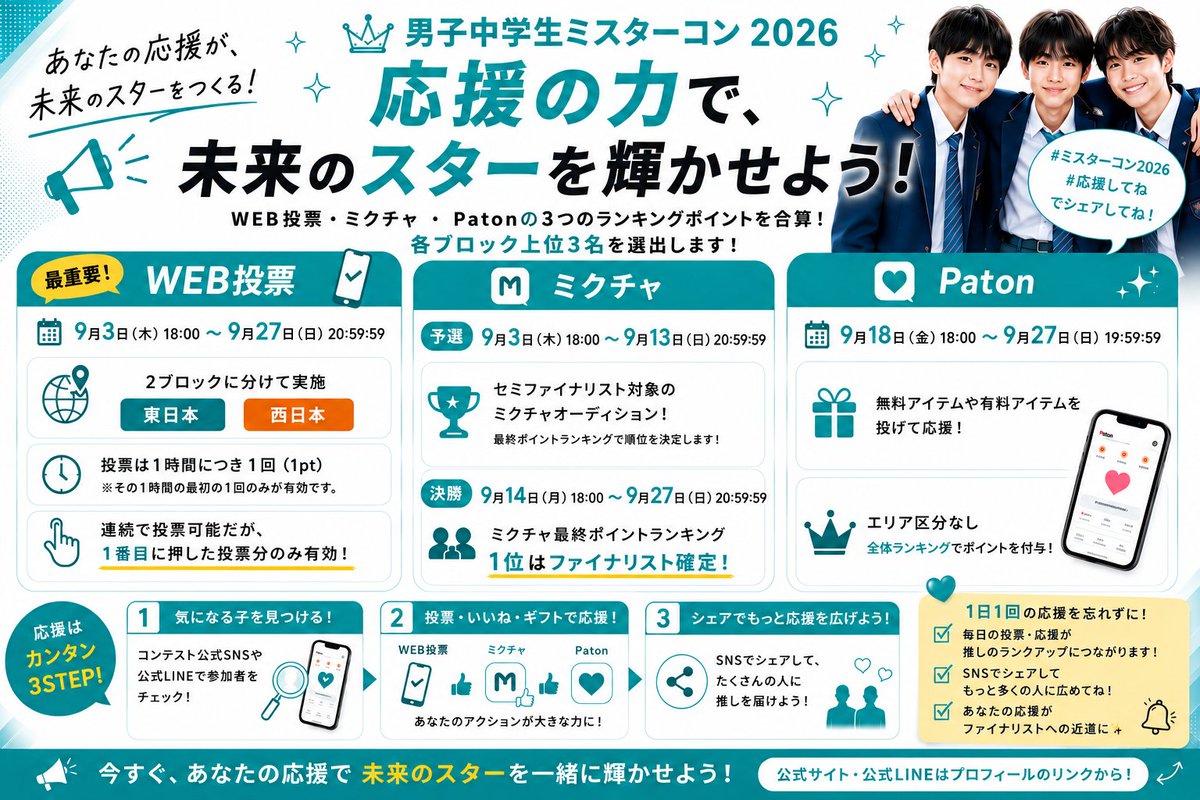DCmrcon's tweet photo. 👑 本日18:00より4次審査START 👑

ぜひ、あなたの“推し”を見つけてください👀🫶🏻💗

皆さまの応援が、ファイナリストへの大きな一歩につながります👊✨ 

最後まで応援をよろしくお願いいたします🙇‍♀️
 
📢 審査の詳細は画像をCHECK👀🫧

 #男子中学生ミスターコン #ベスト100 #4次審査 https://t.co/kocVBCnK5D