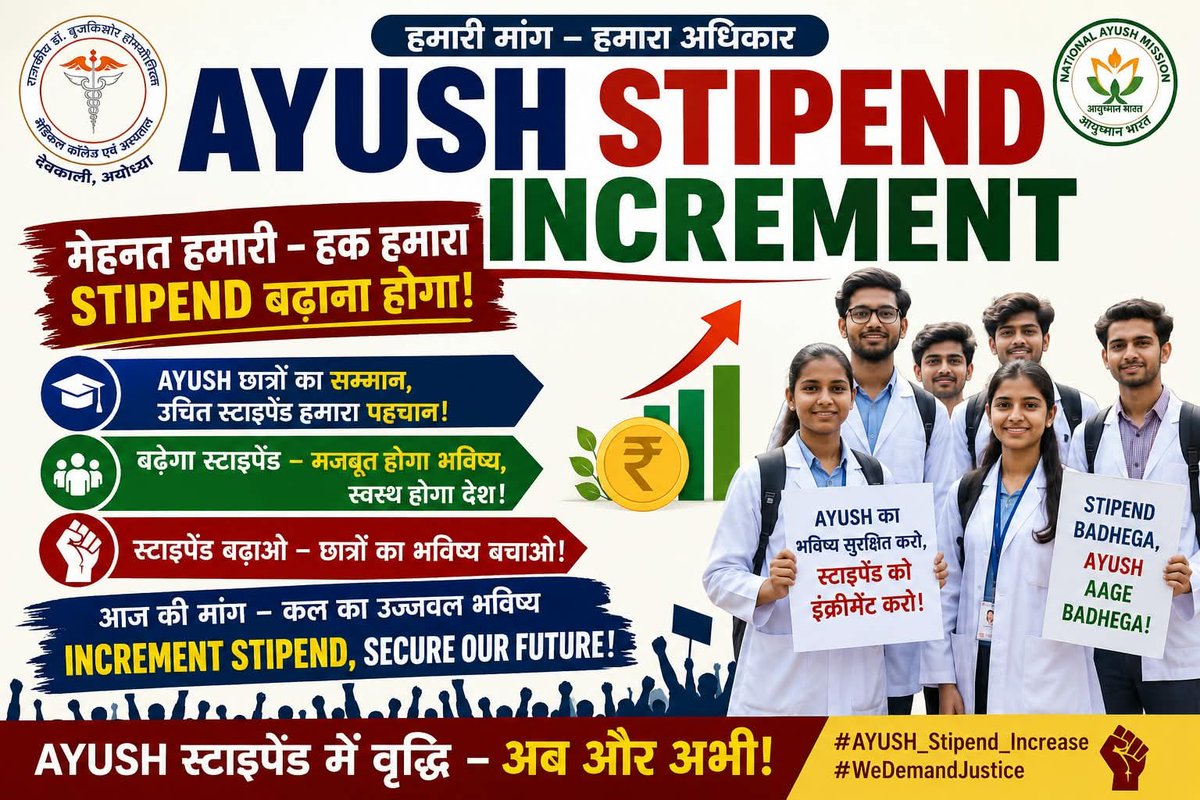 neeleshg1707's tweet photo. MBBS &amp; BDS Interns: ₹25,000
AYUSH Interns: ₹7,500
इस अंतर को समाप्त किया जाए।
AYUSH के लिए भी ₹25,000/month. 🙏

@ayushupdept
@dayalugurubjp @SureshKKhanna @CMOfficeUP
@upayushdept @moayush
#25kforAYUSH
#hikeAYUSHstipend
#AYUSHInternsUP
@ayushstipendinc https://t.co/E37ezK2len