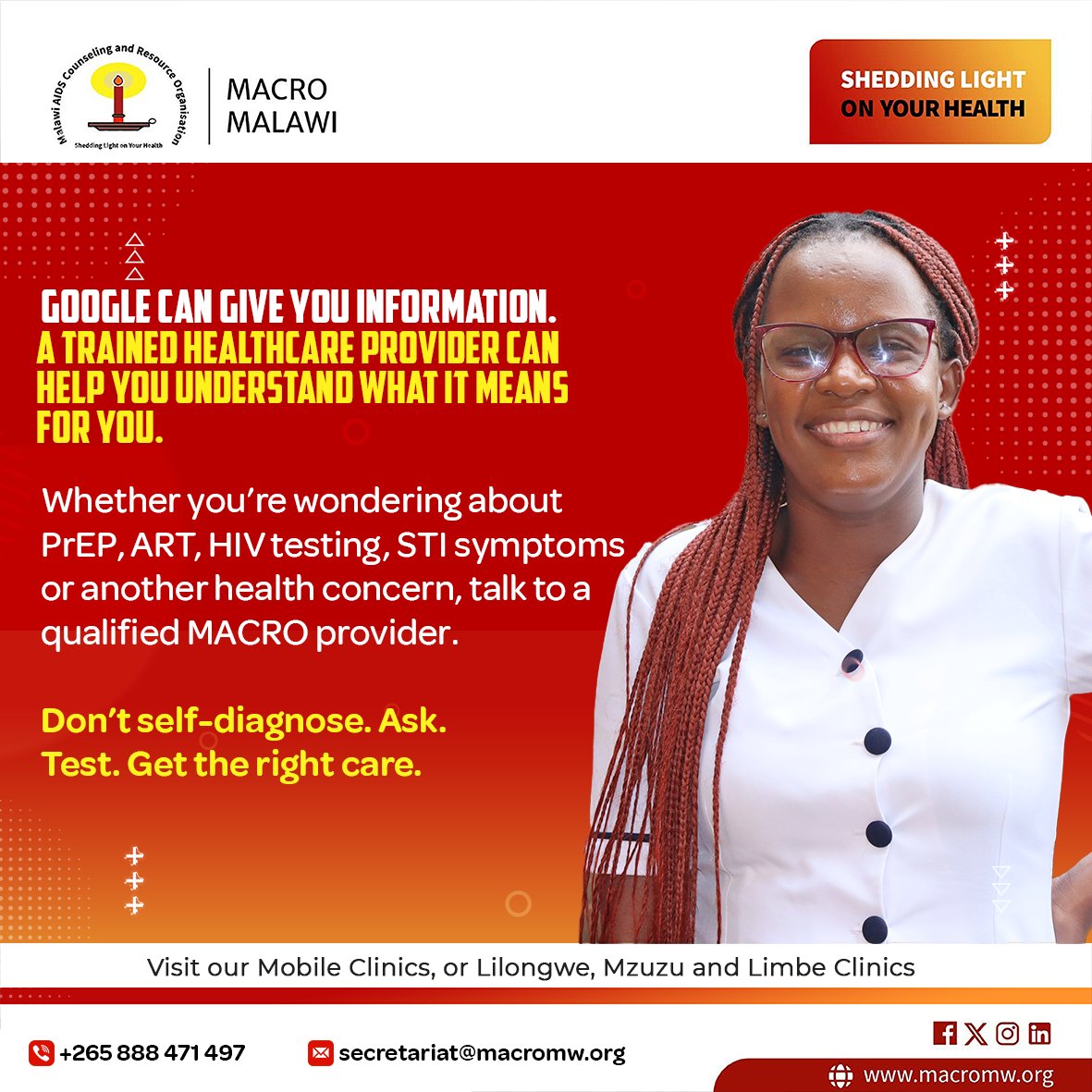 MACROMalawi's tweet photo. Your health deserves more than a quick Google search. 

Sometimes, one honest conversation with a healthcare provider can clear the confusion, ease the worry, and help you make a decision that’s right for you.

When it comes to your health, get answers you can trust. https://t.co/KsrpXDHDJo