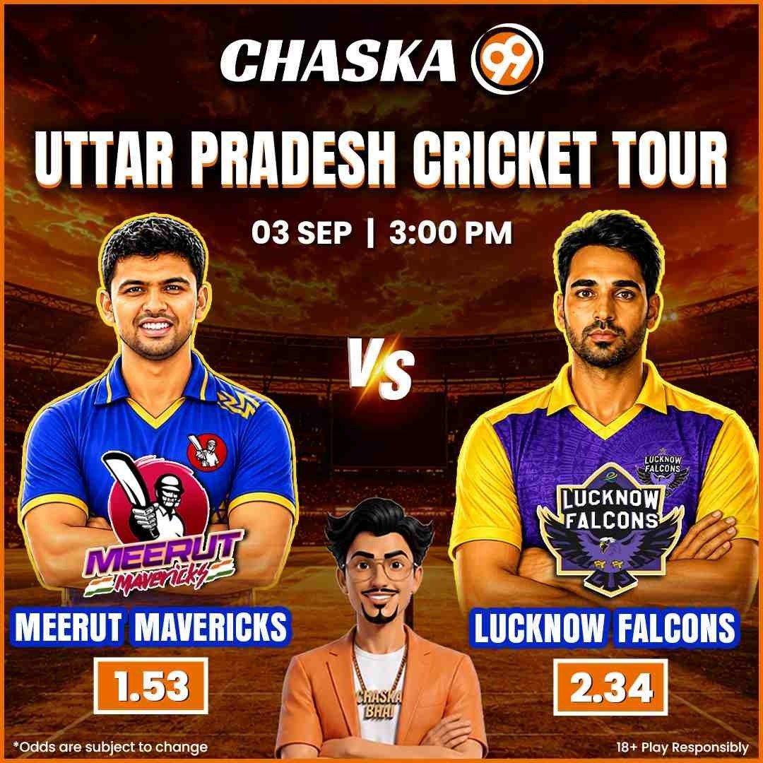 Chaska99_Global's tweet photo. 🏏Table Toppers meet the in-form side!⚡
One night between them and the Final.🔥
Bet Now: https://t.co/GJujS6tFcg
#Chaska99 #ChaskaJeetKa #MeerutMavericks #LucknowFalcons #Cricket #T20Cricket #UPLeague #UPCricket #MatchDay #GameOn https://t.co/PQSgdh9s3G