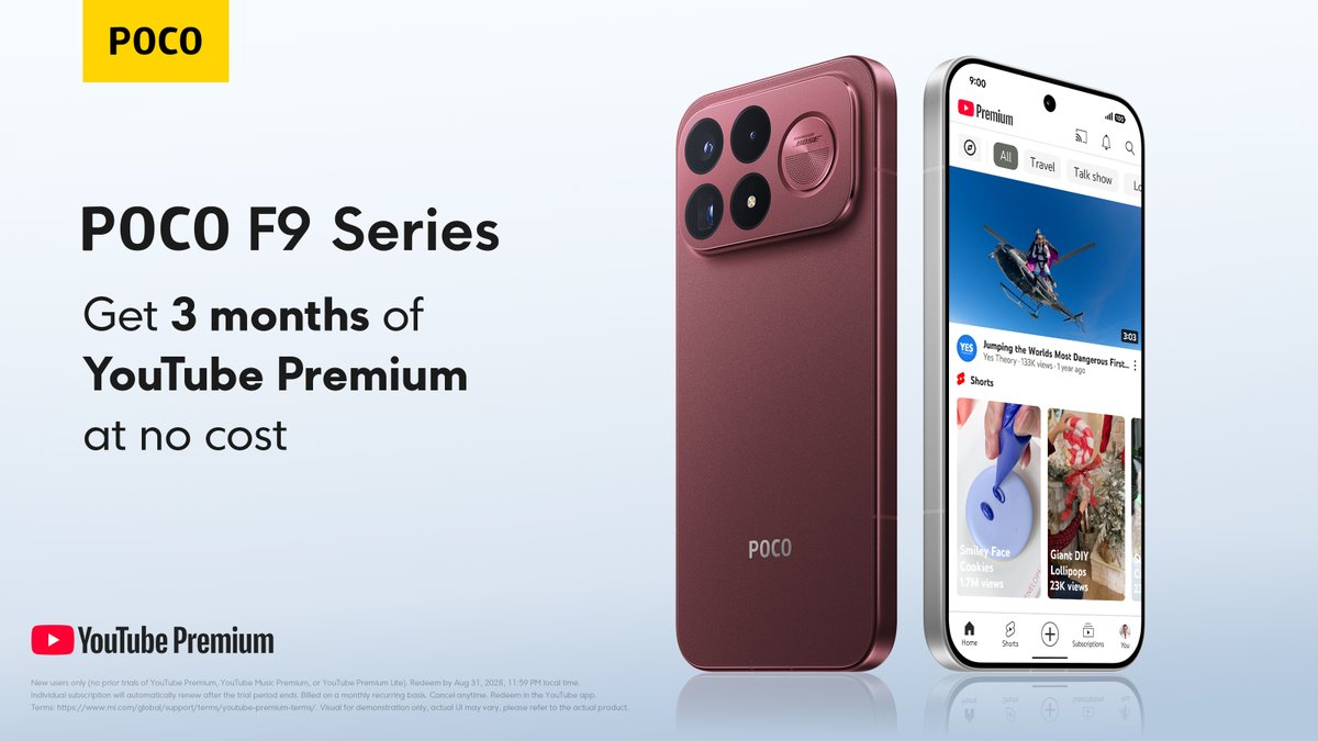 POCOGlobal's tweet photo. Get 3-month access to YouTube Premium at no cost.
Ad-free streaming, included with every POCO F9 Series. https://t.co/eGKjqx6Rqg