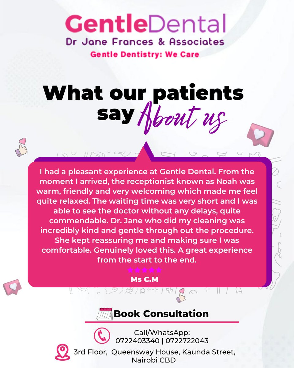GDentalAfrica's tweet photo. Ready to experience gentle dentistry for yourself?

📞 Call/WhatsApp 0722403340/ 0722722043
📍 3rd Floor, Queensway House, Kaunda Street, Nairobi CBD

#GentleDental #PatientTestimonials #PatientReview #NairobiDentist #DentalCareNairobi DentistNairobi GentleDentistry DrJaneNairobi https://t.co/P9UgXtfOy4