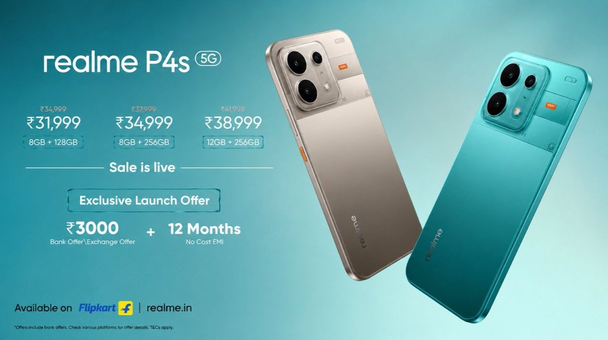 Parveenfd's tweet photo. realme P4s offers a 128GB option starting from ₹31,999
Higher storage variants are available for users needing more space. #realmeP4sSaleIsLive https://t.co/M3VHE29Mgj