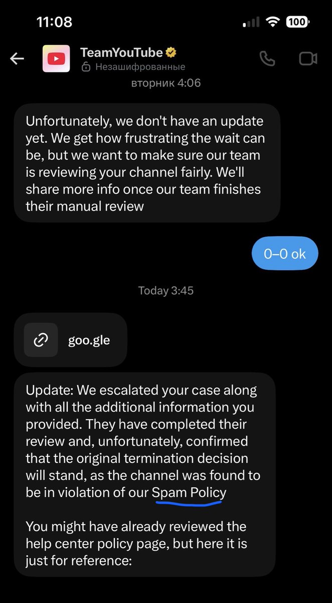 Satherisee's tweet photo. @TeamYouTube You just told me my channel UCcaHWk9IZQViPJje17olEIQ was terminated for "Spam Policy."

But my termination notice says "Impersonation." These are two completely different violations.

Which one is it? You can't change the reason after 36+ days of review.

⬇️ CONTINUE https://t.co/BiEAtKfvwi