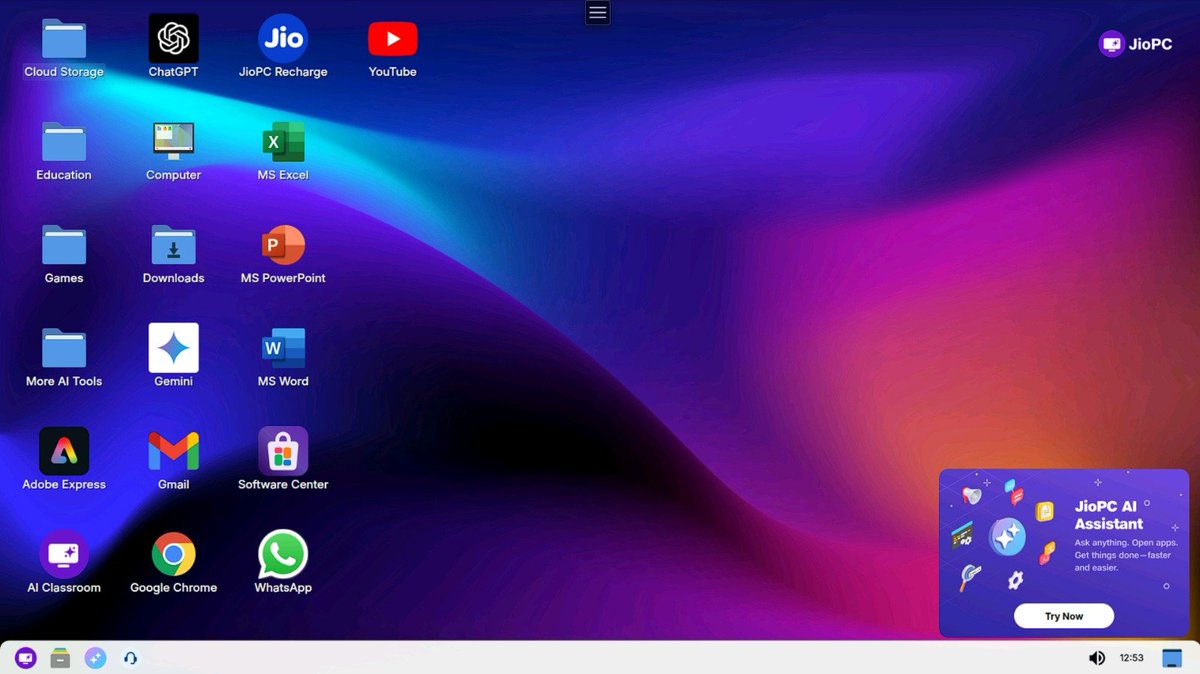 BootScreen's tweet photo. Took the JioPC trial for a spin, and I’m testing it properly before giving my verdict.

First look is actually pretty good. The UI is minimal, clean and feels smooth.
There’s also a built-in AI Assistant and a dedicated Applications section.

So far, pretty promising.

#JioPC https://t.co/ytzzXBp4NH