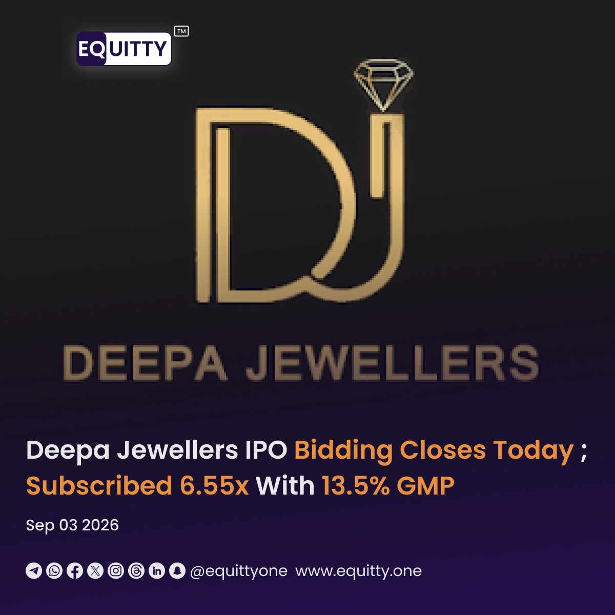 equittyone's tweet photo. Deepa Jewellers IPO closes for bidding today with 6.55x subscription, supported by strong NII demand (12.63x) and a grey market premium of ₹24 (13.54%) over the ₹177 price band.
#DeepaJewellers #IPOUpdates #DeepaJewellersIPOClosesToday https://t.co/pbLgMr8jnn