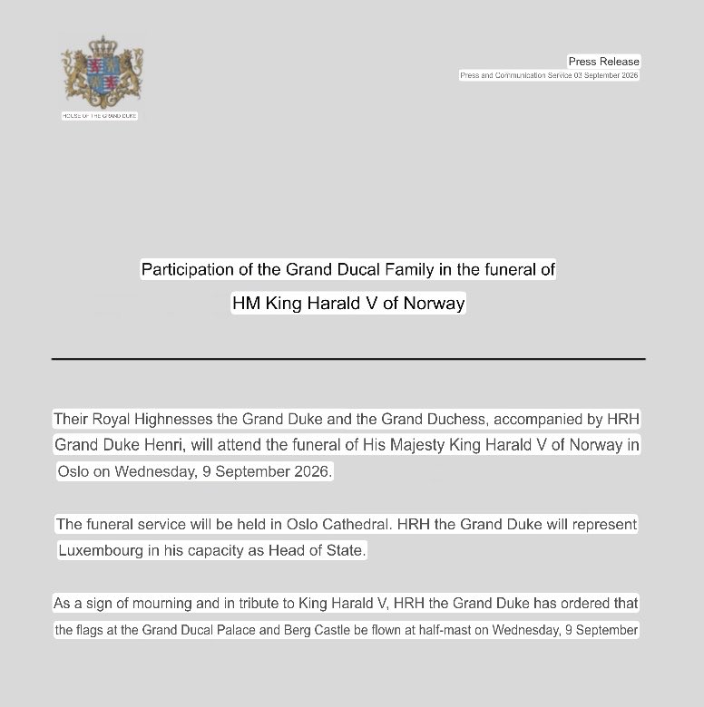 ChristinsQueens's tweet photo. The Grand Ducal Couple and Grand Duke Henri will attend the funeral. https://t.co/TRTl8VELg6