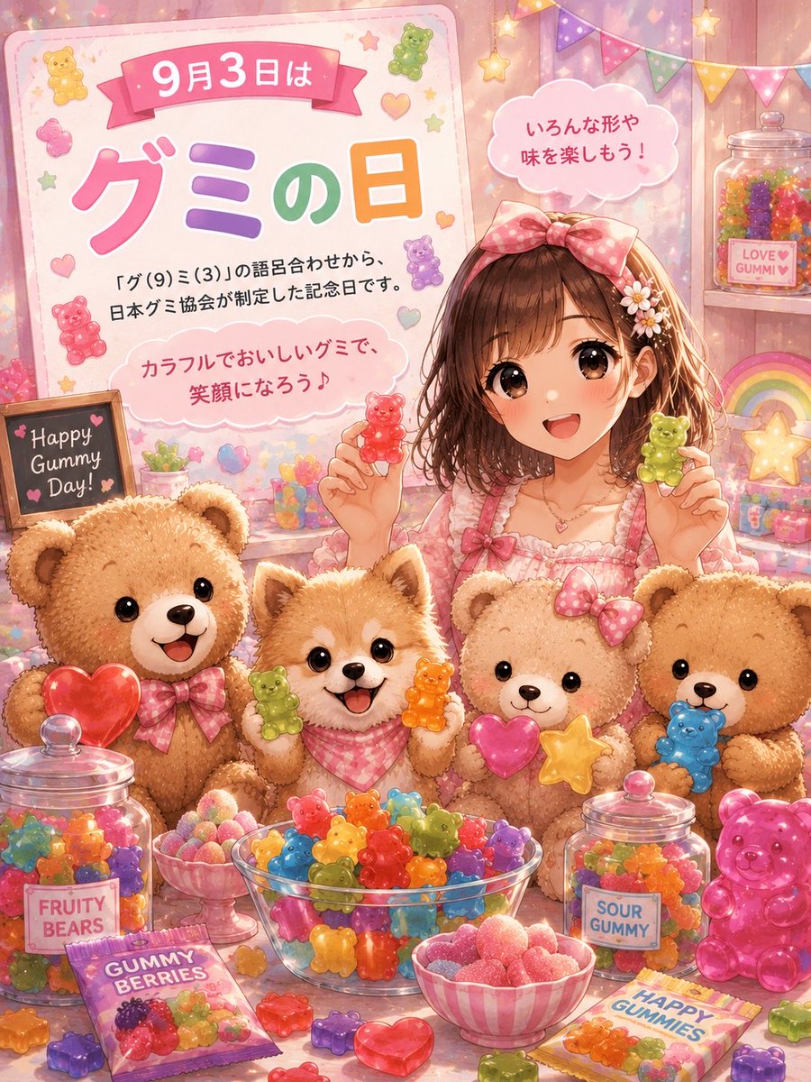 xdvpuz's tweet photo. 9月3日は #グミの日🍬✨️

カラフルなグミに囲まれて、みんなニコニコ☺️💕
色も形も味もいろいろあって、選ぶ時間まで楽しいですよね🌈
今日はお気に入りのグミでちょっとひと休み

#AIイラスト #今日は何の日 https://t.co/kLLKMTb0GS