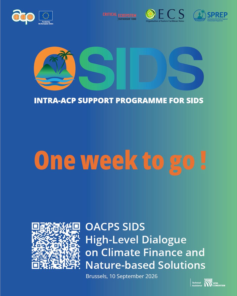 SidsForumOACPS's tweet photo. ￼⏳Just one week to go!
On 10 Sept, leaders, diplomats, researchers and development partners gather in Brussels for the OACPS SIDS High-Level Dialogue on Climate Finance &amp; Nature-based Solutions.
🌊￼Small islands. Big oceans. Global solutions. 
👉 https://t.co/pzm7xizETZ https://t.co/izTk5k4tKo