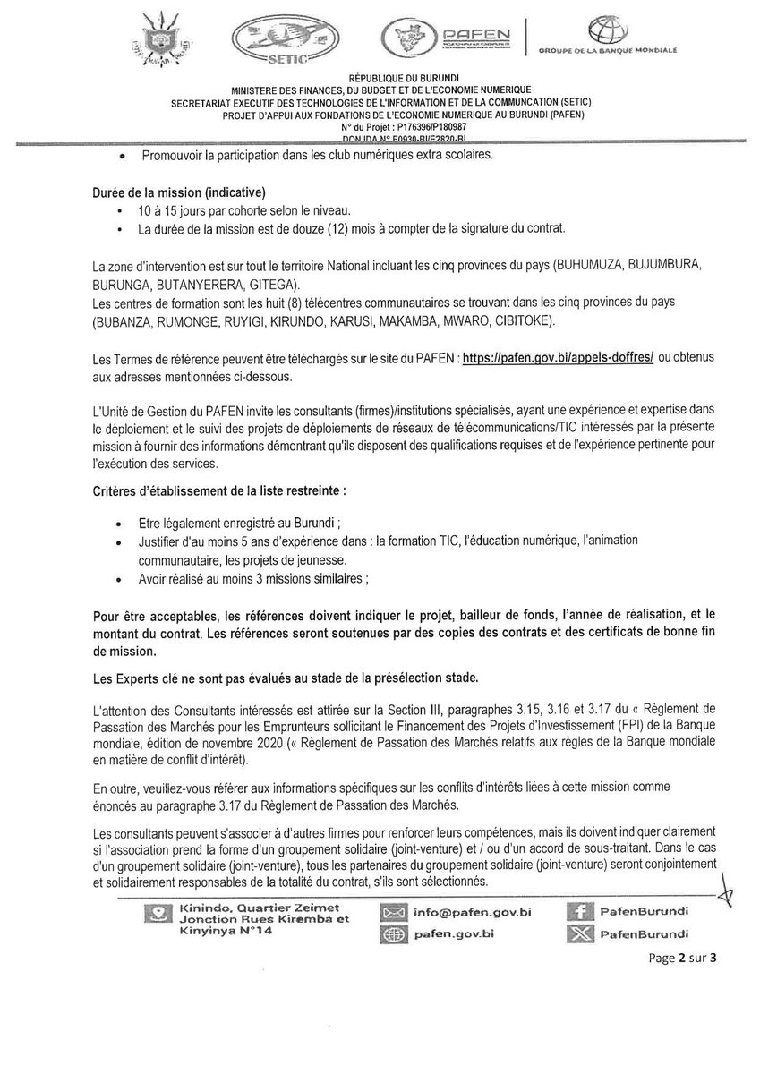 seticburundi's tweet photo. #SETIC Recrutement d'un cabinet pour l'organisation des tournées de formation des nouveaux formateurs #TIC et des jeunes.
@BurundiGov @FinancesBdi @Banquemondiale @PafenBurundi https://t.co/mpvpCj4Pib