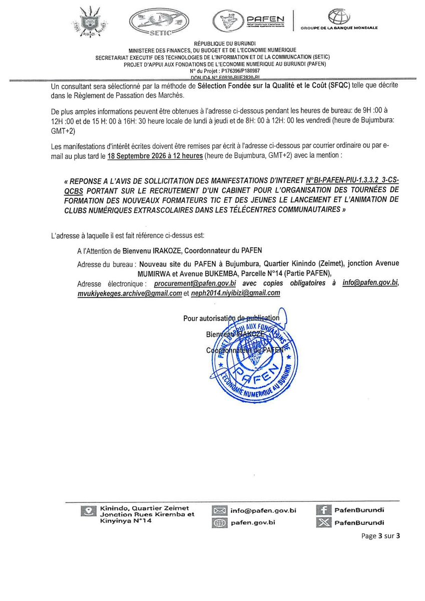 seticburundi's tweet photo. #SETIC Recrutement d'un cabinet pour l'organisation des tournées de formation des nouveaux formateurs #TIC et des jeunes.
@BurundiGov @FinancesBdi @Banquemondiale @PafenBurundi https://t.co/mpvpCj4Pib