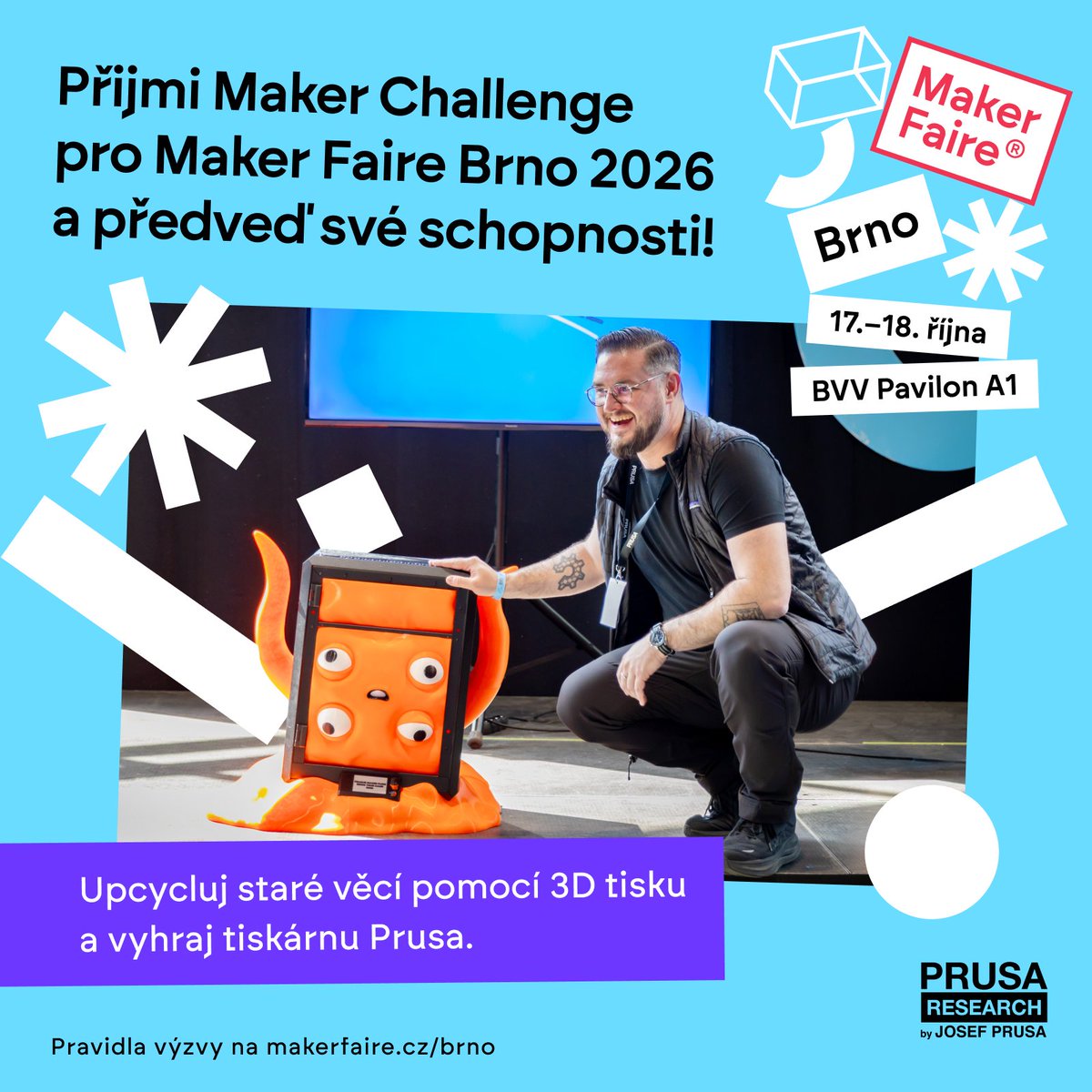 MakerFaireCZ's tweet photo. 3D tisk je vaše vášeň? 🔥
Upcyklujte rozbitou nebo nepotřebnou věc v chytrou pomůcku, hru či vychytávku – s pomocí 3D tisku. 🛠️

Přineste prototyp na #MakerFaireBrno a soutěžte o novou @Prusa3D  tiskárnu! 👀

📏 Max. 40 × 30 × 15 cm
Registrace na 👉 https://t.co/fGI0nA6YSM https://t.co/CQnXkTdW9X
