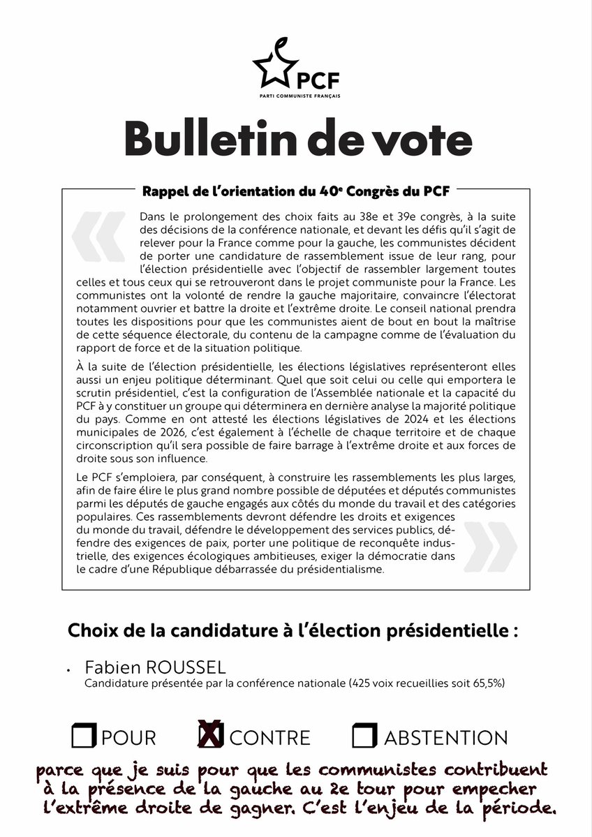 patrice_leclerc's tweet photo. 🗳 Du 3 au 6 septembre, les communistes sont appelés à décider de la candidature que portera le PCF à l’élection présidentielle de 2027.

Voici mon vote : https://t.co/JapKXr1CQk