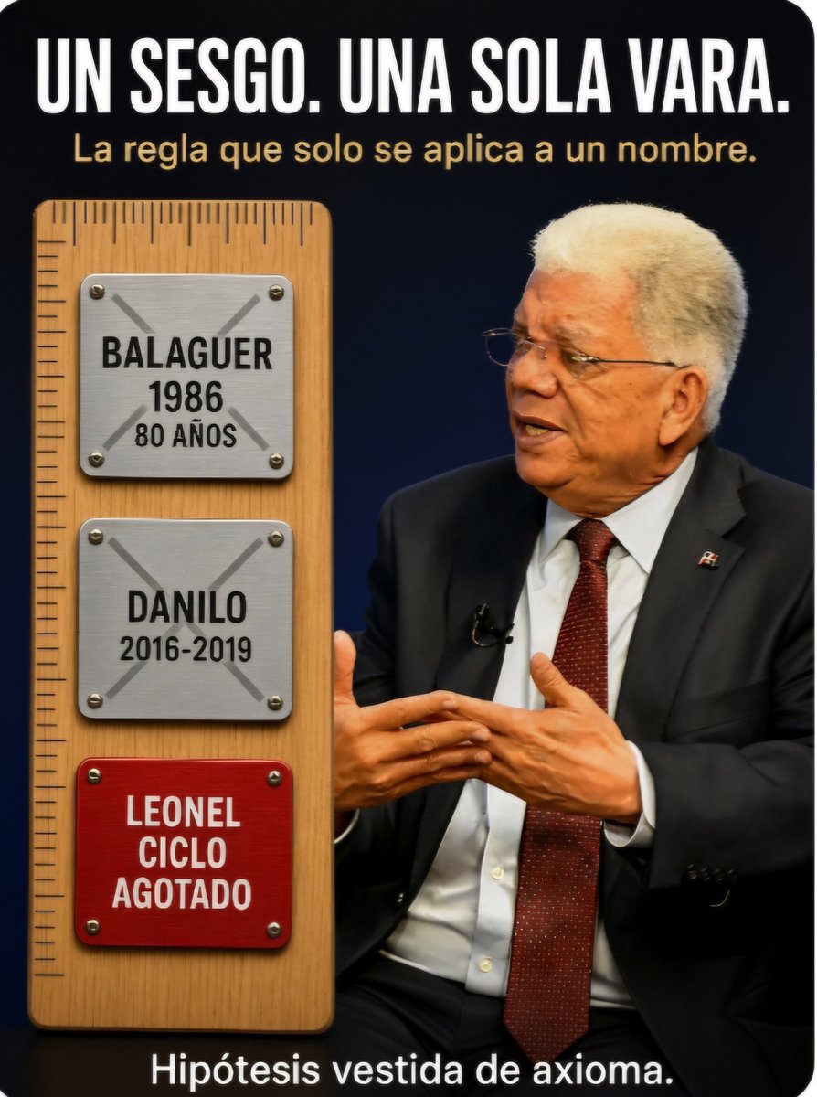 johhnyarrendel's tweet photo. No he terminado con Miguel Guerrero

Por Johnny Arrendel 

Todos los que opinamos tenemos sesgo.

Yo incluido.

Uno es con Luis Abinader. 

En entrevista con Alofoke, @santiagomatias le pidió que recomendara libros a los jóvenes. 

No citó uno, ni uno.

De ahí parto: presumo que no ha leído.

 Hipótesis que convierto en tesis personal: quien no lee no puede gobernar bien.

El país no la comparte. 

El mundo lo acepta en el cargo. 

Yo lo destituiría, pero sería yo contra el mundo.

Como publico aquí y me leen miles, no puedo imponer ese sesgo. 

Lo nombro, lo sobreseo y sigo con otras observaciones.

Otro sesgo es con Danilo Medina.

No lo veo en foros de estadistas, ni en círculos de pensamiento democrático, ni con exposición internacional de alto nivel. 

Hipótesis, mi tesis es: eso lo inhabilita para presidir un partido histórico.

La sociedad no lo asume así. 

La ley no lo impide. 

Otra vez: lo identifico y no lo vendo como norma del país.

Miguel no hace ese paso.

Su tesis es que Leonel, a los 72 y tras tres presidencias, debe abandonar la carrera y ceder a otra generación, que el ciclo se le agotó.

Eso nace como opinión y él la presenta como axioma: dice es una regla que Fernández transgrede.

No lo es.

No hay estándar único en el mundo. 

Hay países donde se llega a los 35 y no hay reelección. 

Hay otros donde se accede por primera vez pasados los 70: Trump, Biden, Netanyahu, Modi, siguen en la contienda de su edad. 

La edad no es ley natural.

El archivo local lo deja más claro.

En 1986 Balaguer volvió con 80 años y Guerrero no le aplicó el veto por edad, merma física o falta de relevo. 

Le Aceptó CORDE a Balaguer y renunció a los dos meses.

En 1994 objetó aquella reelección po coyuntura política y no el decálogo de hoy.

A Danilo no le opuso esa misma doctrina en 2016 ni en el pulso de 2019.

A Leonel sí: Edad, Períodos, “El ciclo se Cerró", “Nueva generación.”

Hipótesis suya y la trata como tesis demostrada o más aún, la viste de axioma.

Un sesgo no inhabilita al periodista. 

Lo que debilita el argumento es no reconocerlo y aplicarlo a un solo nombre.

Yo el mío lo nombro. 

El suyo sigue disfrazado de regla histórica.

Eso es lo que queda. 

No el honor. 

El listón.

@ingridmendozap @hectorherrerac @DarioMedranoR @DarisJavier @GuerreroMiguelE @MigueTavarez @frcaamano @alfredofreites7 @porojocerradura