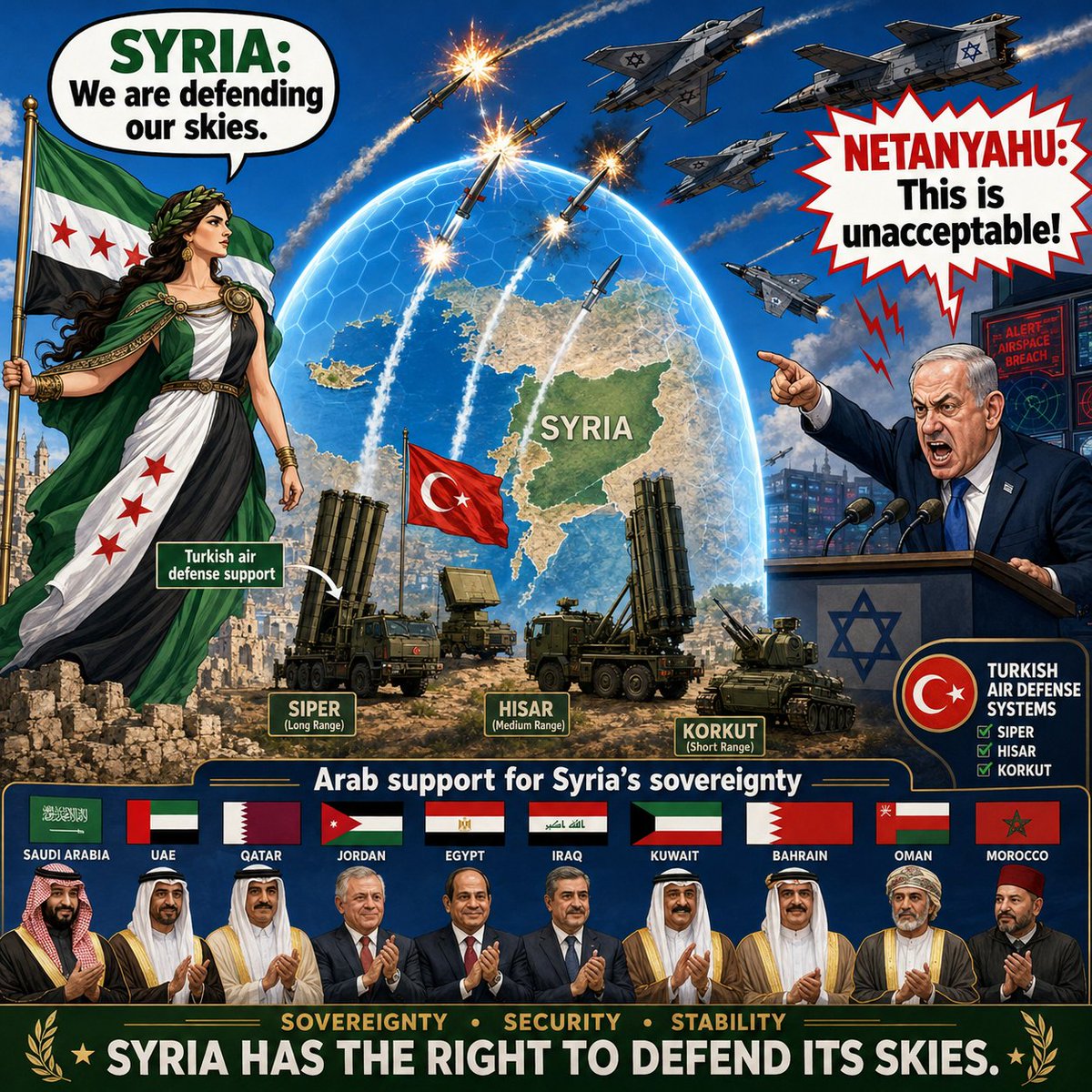 TurkAxis's tweet photo. Syria has the right to defend its Skies  

Netanyahu: This is Unacceptable https://t.co/xVkAp2Jzed