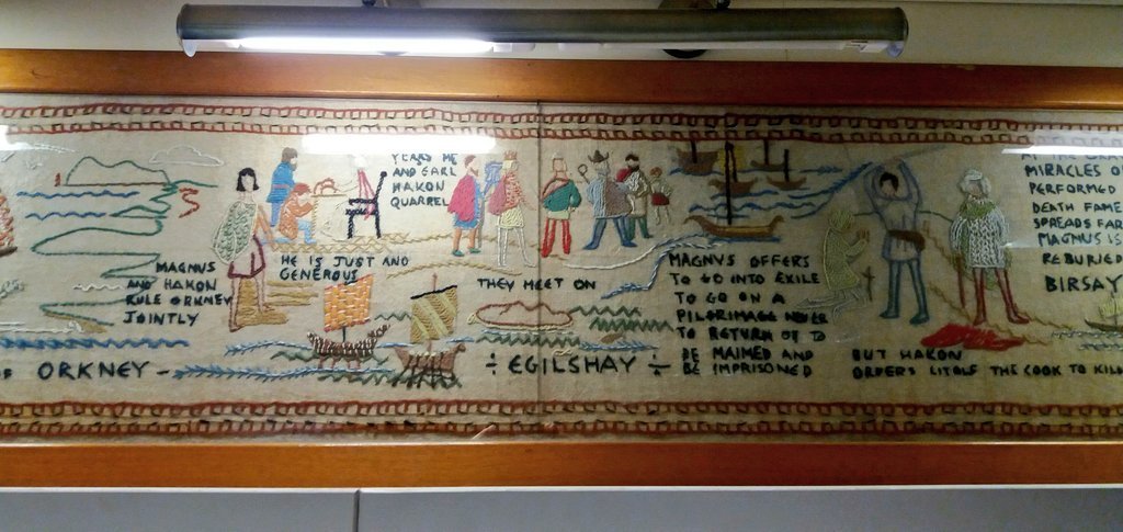 OrkneyLibrary's tweet photo. Having the #BayeuxTapestry in the UK just now is exciting but DID YOU KNOW that in the #Orkney Archive we have our very own tapestry which tells the story of St Magnus? 

It's not as old/long/historically significant as the Bayeux Tapestry but it's still well worth a visit. 🪡 https://t.co/xxC5fOt1ib