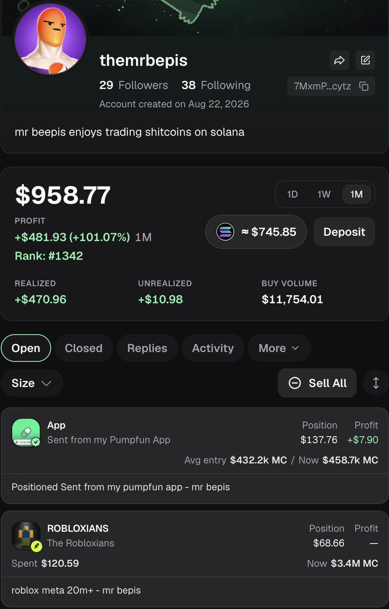 TheMrBepis's tweet photo. the comeback is always stronger

at roughly 10 sol port now 

traded mostly robinhood tokens via @Pumpfun app

bullish on $app, sent from my pumpfun app

bullish on $ROBLOXIANS 

holding both to hundreds of millions

- mr bepis https://t.co/cuaQOHyynH