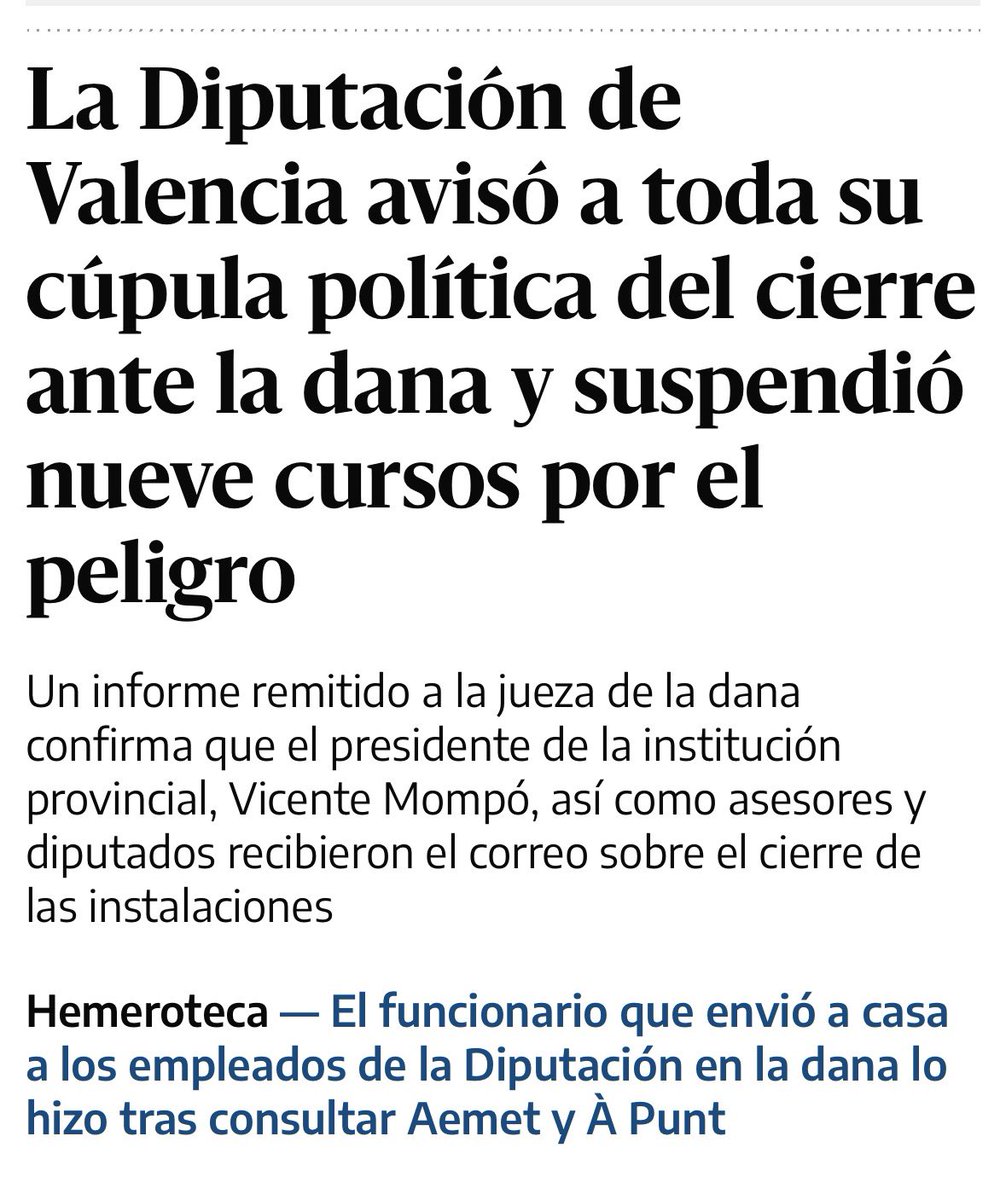 DianaMorantR's tweet photo. Así de claro: la Diputación de València avisó a sus trabajadores y suspendió actividades por la DANA. Su presidente, que estaba en el CECOPI, lo sabía

Mompó conocía las medidas preventivas, pero decidió avisar solo a su entorno. Al resto de valencianos, no

https://t.co/EXwFGPaZ7W