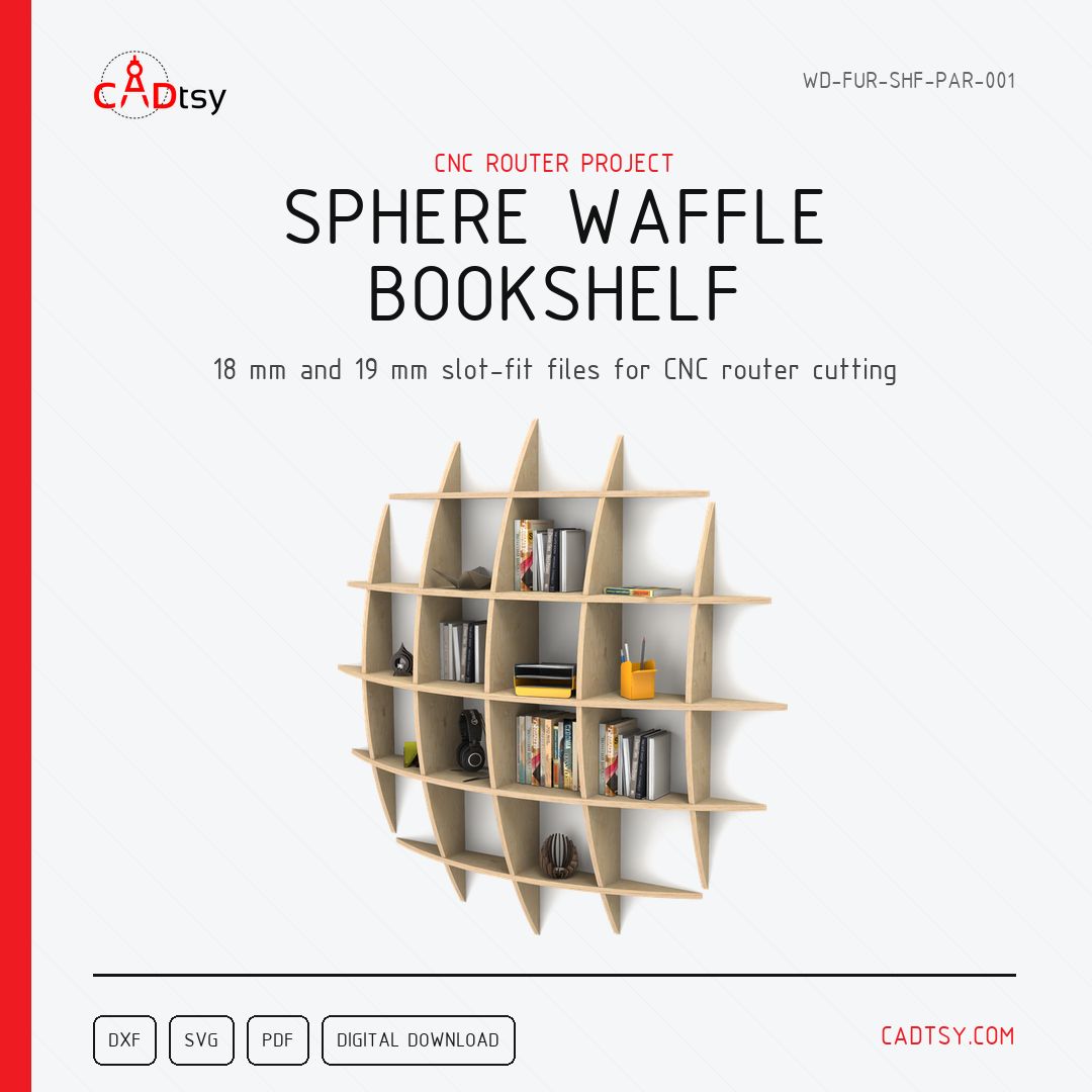 CADtsy's tweet photo. Sphere waffle bookshelf DXF/SVG/PDF files for CNC router cutting, with separate 18 mm and 19 mm material variants and a finished size of 1790 x 1790 x 300 mm. #CNCRouter #DXFFiles https://t.co/iSVU02uv5b https://t.co/hwsIuAgR6v