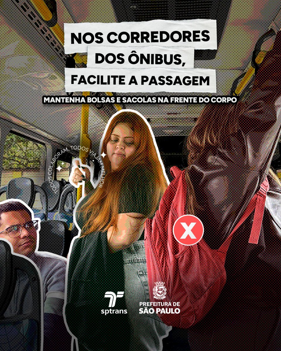sptrans's tweet photo. 🚍🎒🛍️ Como tornar a viagem de ônibus mais confortável? Uma das atitudes é sempre manter bolsas e sacolas na frente do corpo ou segurando nas mãos, combinado? 🫡
Todos colaboram, todos viajam melhor. 💚
#SPTrans #Cidadania #TodosColaboramTodosViajamMelhor https://t.co/wvM21TfHmC