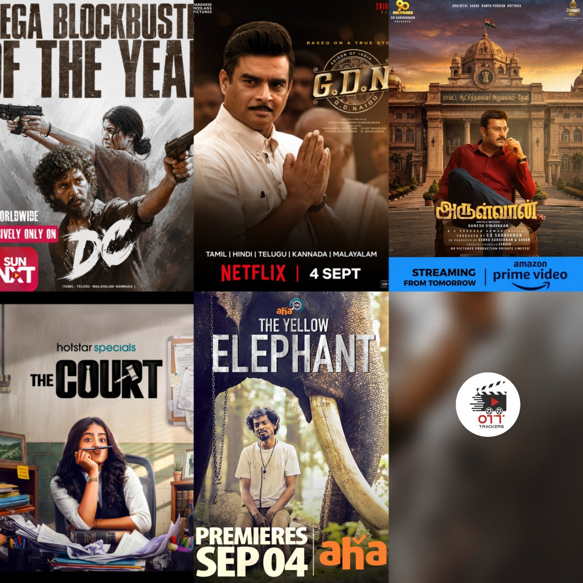 OTT_Trackers's tweet photo. 𝐓𝐡𝐢𝐬 𝐖𝐞𝐞𝐤'𝐬 𝐓𝐚𝐦𝐢𝐥 𝐎𝐓𝐓 𝐑𝐞𝐥𝐞𝐚𝐬𝐞𝐬 🍿🤩

#DC (Tamil, Telugu, Malayalam) - Sunnxt

#GDN (Tamil, Telugu, Kannada, Malayalam, Hindi) - Netflix

#Arulvaan (Tamil) - PrimeVideo, SimplySouth 

#TheCourt ⚖️ (Tamil) [Weekly Series] - JioHotstar

#TheYellowElephant (Tamil) - AhaTamil

#OTT_Trackers