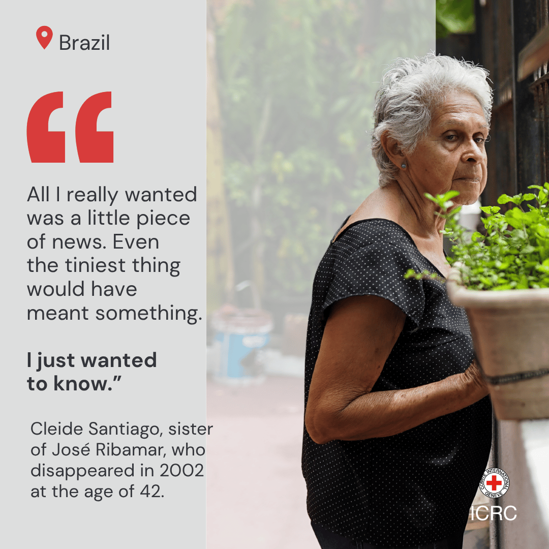ICRC's tweet photo. 📍 Brazil | Cleide is searching for her brother Ribamar, who disappeared in 2002 at the age of 42. Since then, she has been waiting for answers.

Like Cleide, thousands of families in Brazil and around the world live with the uncertainty of not knowing what happened to their loved ones.