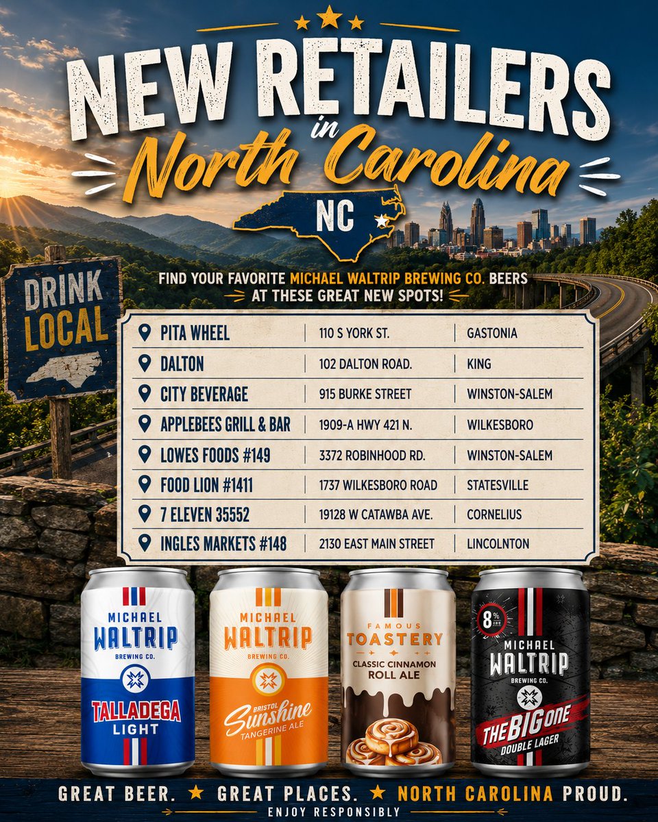 WaltripBrewing's tweet photo. 🚨 Growth in North Carolina Continues! 🍻🏁

We’re excited to welcome eight new North Carolina retailers to the Michael Waltrip Brewing Co. family!

Whether you're looking for the crisp, easy-drinking Talladega Light, refreshing Bristol Sunshine, decadent Cinnamon Roll Ale, or The Big One, there's a Michael Waltrip Brewing beer waiting for you. 🍺

Find these retailers (and all of our other locations) using our Beer Finder map.
📍https://t.co/vDekIBvj03