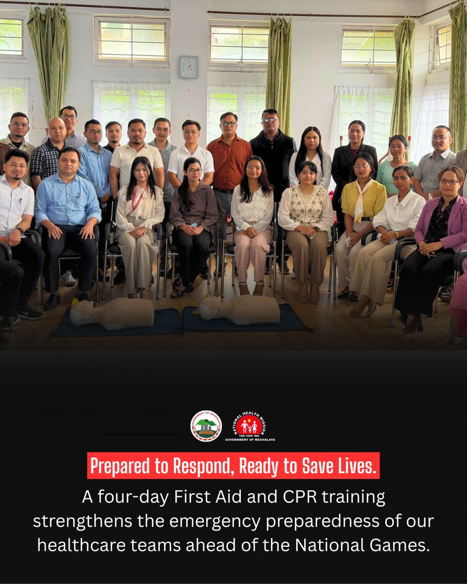 meghalayahealth's tweet photo. Strengthening emergency preparedness for the upcoming National Games! A 4-day Basic First Aid & #CPRtraining for Medical Officers, Staff Nurses & Paramedics concluded at RHFWTC, Shillong, enhancing skills in emergency response, triage, safe transport & referral.
#NationalGames https://t.co/3D7sqzwSUi