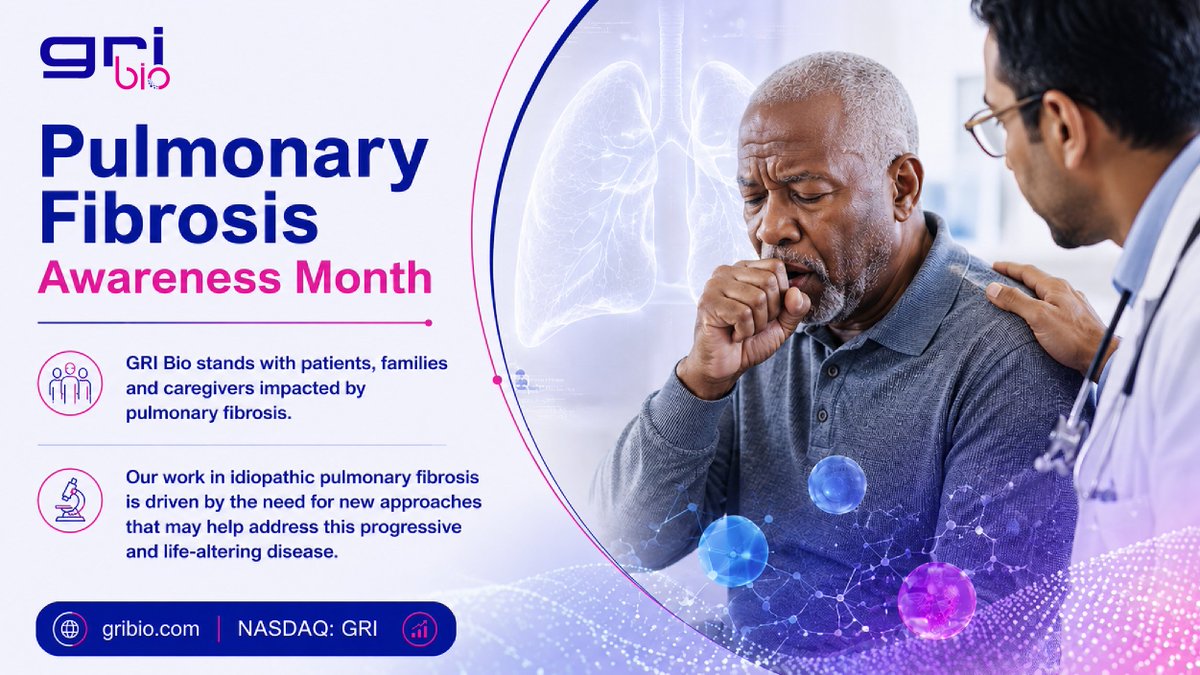 GRI_BIO's tweet photo. This #PulmonaryFibrosisAwarenessMonth, $GRI stands with patients, families and caregivers impacted by pulmonary fibrosis.

Our work in idiopathic pulmonary fibrosis is driven by the need for new approaches that may help address this progressive and life-altering disease.

#IPF https://t.co/WCt0NRdzNG
