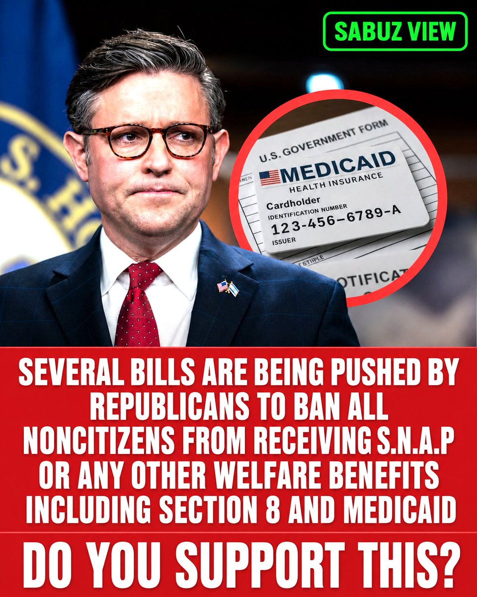 SabuzView's tweet photo. Several bills are being pushed by Republicans to ban all noncitizens from receiving S.N.A.P. or any other welfare benefits, including Section 8 and Medicaid. Do you support this?

A. Yes
B. No https://t.co/hlsRT9ZWQc