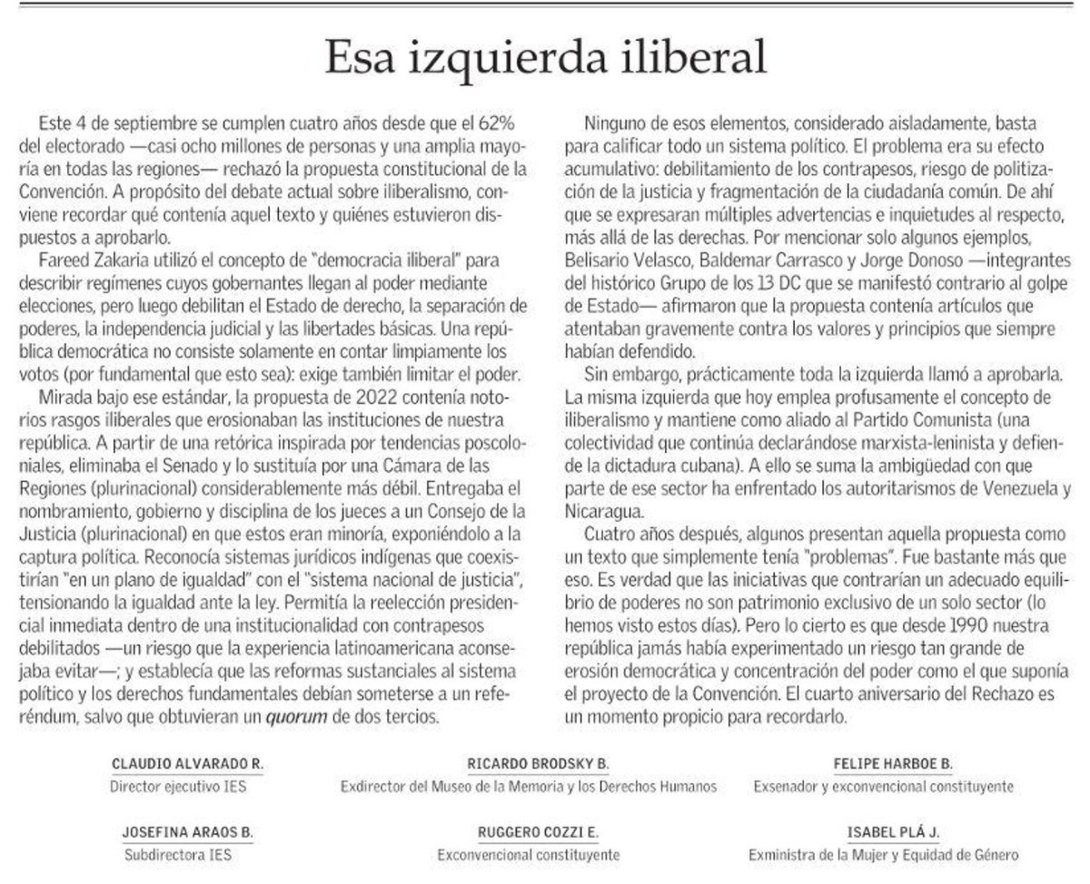 jgalemparte's tweet photo. Salvo la palabra iliberal que me las tiene (broma aparte) suscribo cada letra de esta columna. Nunca Chile estuvo más cerca de la erosión democrática, el texto no era un texto con fallas, era algo mucho más grave que eso. Lo que menos puedo aceptar a 4 años fue la frivolidad de personas que durante años cultivaron responsabilidad para gobernar y pudiesen apoyar por miedo a ser cancelados ese desastre. Chile vivió en la cornisa.
Bien @ruggero_cozzi @felipeharboe @Mica_Brodsky @claudiorar @isabelpla entre otros.