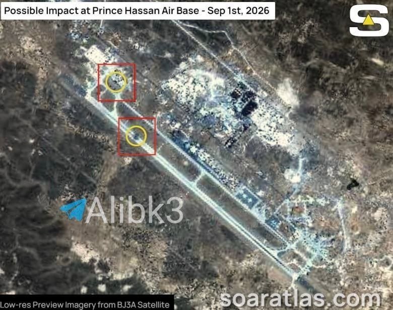 ForceAmerica_'s tweet photo. 📍🇮🇷 NEW:

New satellite imagery appears to show two impact sites following explosions at Prince Hassan Air Base in Jordan.

The locations were reportedly hit during a ballistic missile attack attributed to Iran’s Islamic Revolutionary Guard Corps (IRGC). https://t.co/4JO0kARh2Y