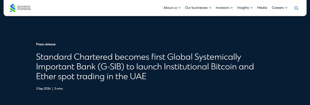 swappedcom's tweet photo. Standard Chartered just added spot bitcoin:native and ethereum:native trading for institutions in the UAE

How long until every major bank is doing this? https://t.co/Hu1StkfGak