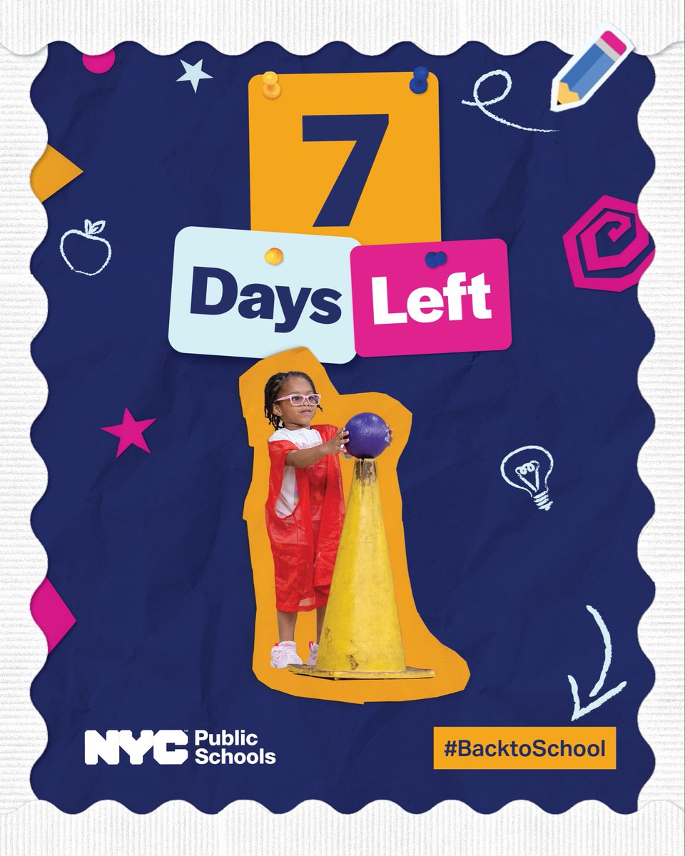 NYCSchools's tweet photo. We’re only ONE WEEK away from the #FirstDayOfSchool on September 10, 2026! ⏰

Check out the 2026–27 School Year Calendar to learn about upcoming key dates like holidays, school closures, and more! 🗓️

https://t.co/o39JKox6NF 

#BackToSchool https://t.co/4kGwze44Y8