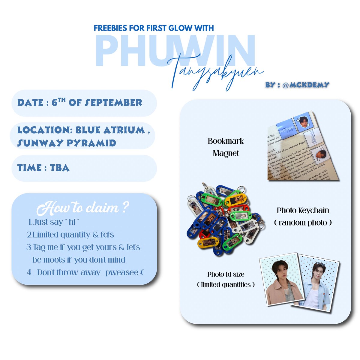 mckdemy's tweet photo. Freebies for Mizumi x Phuwin 🩵

Just say hi &amp; show me this tweet , okay ? I will update exact location &amp; time on d-day !! See you fellow friends 🫶🏻.
 
Can you help me rt / like , please 😣😣. Thank you 🫶🏻☘️

#MizuMiFirstGlowWithPhuwin #MizuMixPhuwin
 #MizuMiMY https://t.co/uXqEIy7VVp