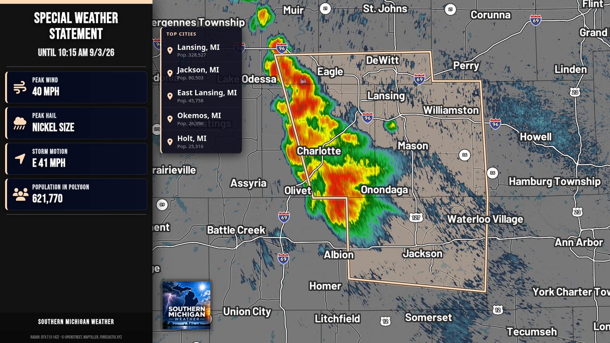 SouthernMIWX's tweet photo. Special Weather Statement for Ionia, Clinton, and Eaton Counties until 10:15 AM 9/3/26. Strong thunderstorms with winds over 40 mph and nickel-size hail. Gusts may knock down limbs and blow unsecured objects. Seek shelter indoors. https://t.co/rTZccs6Pil