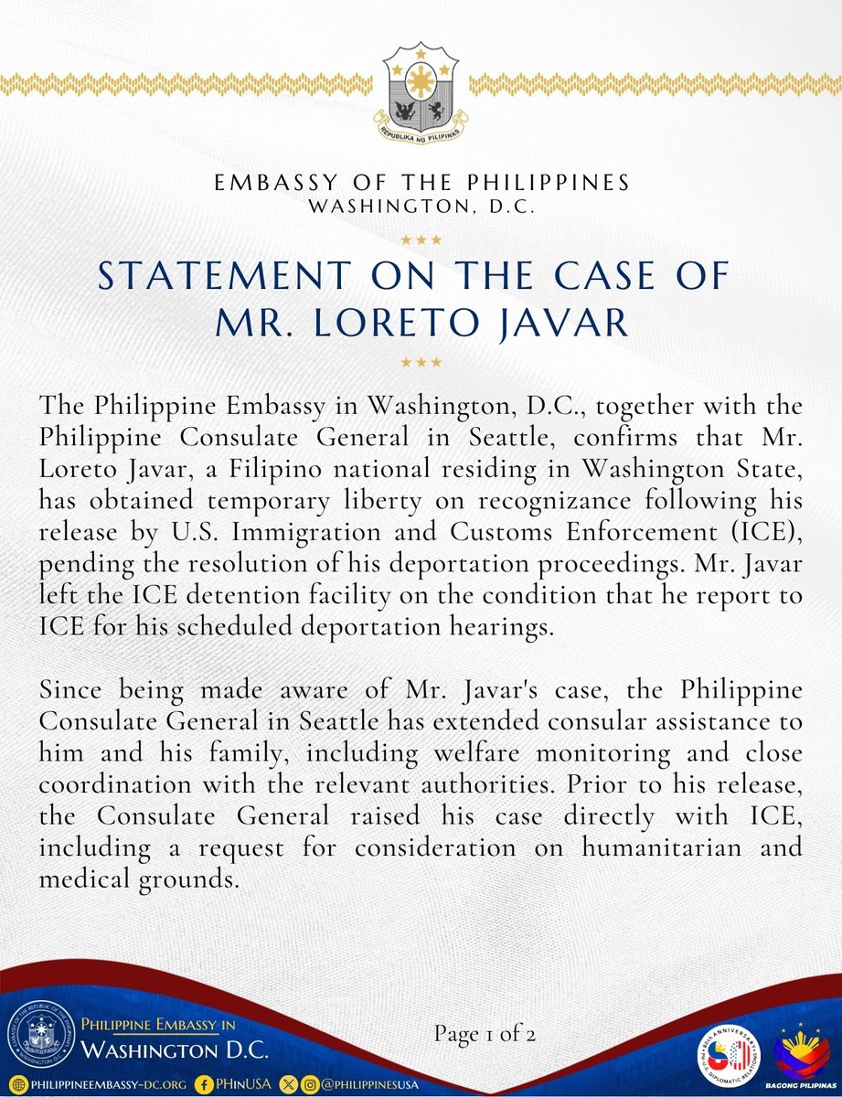 philippinesusa's tweet photo. [READ] STATEMENT ON THE CASE OF MR. LORETO JAVAR

Link: https://t.co/xlIf9fXv4C https://t.co/DfutQCJvFf