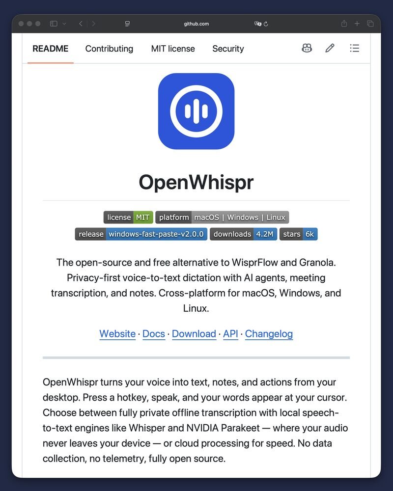 DataChaz's tweet photo. ONE OF THE BEST AI DICTATION TOOLS IS NOW COMPLETELY FREE

OpenWhispr wraps local Whisper and NVIDIA Parakeet into a massive upgrade for your daily workflow.

It is a system-wide AI agent that lives right at your cursor.

Press a hotkey, speak, and the text lands exactly where you are typing.

Highlight a block of text, give a command, and the agent rewrites it in place.

The architecture defaults to pure privacy.

EVERYTHING processes on-device unless you explicitly connect a cloud API.

The tech stack is impressive:

→ On-device speaker diarization and voice fingerprinting
→ Semantic search across your local notes
→ Full meeting transcription for Zoom and Teams
→ Built-in MCP server to connect other agents

It is a strictly open-source, MIT-licensed alternative to WisprFlow and Granola, and it just crossed 6,000 stars.

Repo in 🧵↓