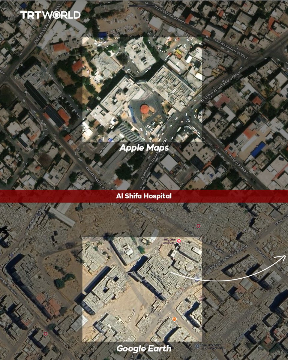 trtworld's tweet photo. Nearly three years into Israel's genocidal war on Palestine’s Gaza, Apple Maps still shows no sign of the widespread destruction.

After disabling live traffic data in late 2023 upon the request of Israeli forces, Apple left its map frozen—failing to reflect the devastation revealed when Google Earth updated its satellite imagery in 2024–2025