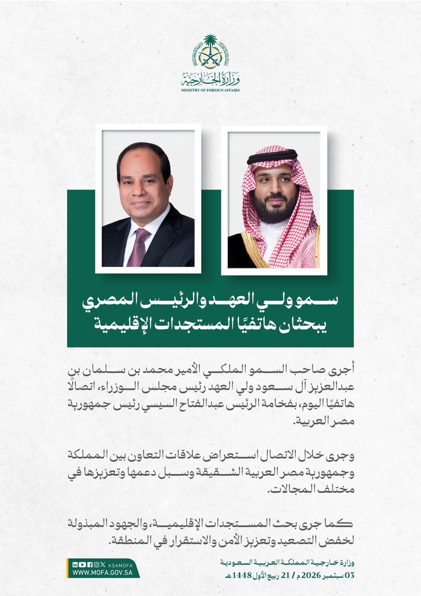 KSAMOFA's tweet photo. سمو #ولي_العهد والرئيس المصري يستعرضان هاتفيًا علاقات التعاون بين البلدين الشقيقين وسبل دعمها وتعزيزها في مختلف المجالات، إضافة إلى بحث المستجدات الإقليمية والجهود المبذولة لخفض التصعيد وتعزيز الأمن والاستقرار في المنطقة. https://t.co/JRaJHeenzs
