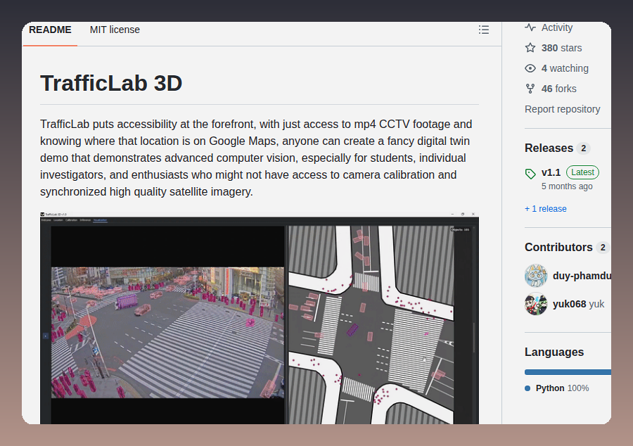 tom_doerr's tweet photo. TrafficLab 3D creates 3D digital twin traffic visualizations from mp4 CCTV footage and Google Maps locations, enabling computer vision demos without camera calibration.

https://t.co/cJJ0QDGQE9 https://t.co/O3W1DIErqY