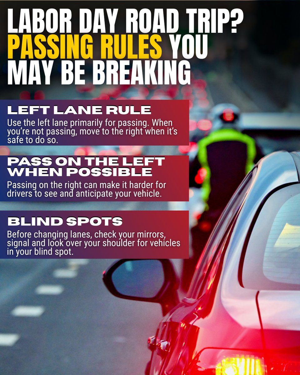 NHTSAgov's tweet photo. More travelers on the road is even MORE reason to stay alert! 👁️✔️

This Labor Day, pass carefully, check your blind spots and make every lane change safely. A litte patience goes a long way on a holiday weekend. https://t.co/sZcosMAvpa