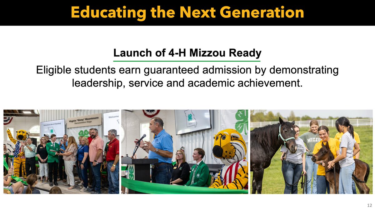 umsystem's tweet photo. President Choi applauds the 4-H Building Ribbon Cutting and the launch of the 4-H Mizzou Ready initiative — a direct admission pathway that guarantees Mizzou admission for eligible first-time college students beginning fall, 2028. https://t.co/Xda5CfFLeZ
