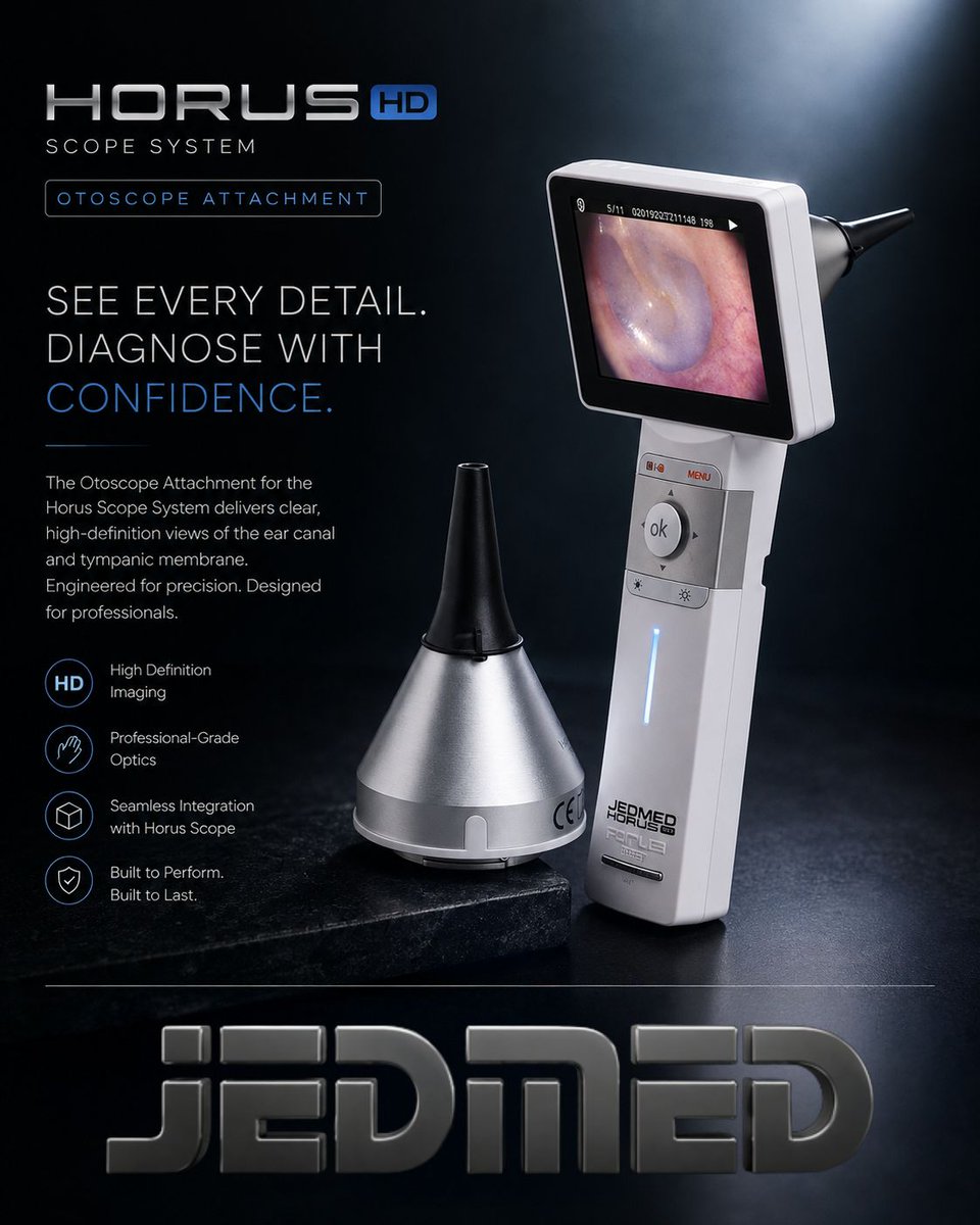 JEDMEDstl's tweet photo. 👂🏻See every detail. Diagnose with confidence.
Expand the capabilities of the Horus Scope System with JEDMED’s Otoscope Attachment—designed for clear visualization of the tympanic membrane and ear canal.
#JEDMED #HorusScope #Otoscope #ENT #Audiology #MedicalImaging #MedicalTech https://t.co/igyKDry9CR